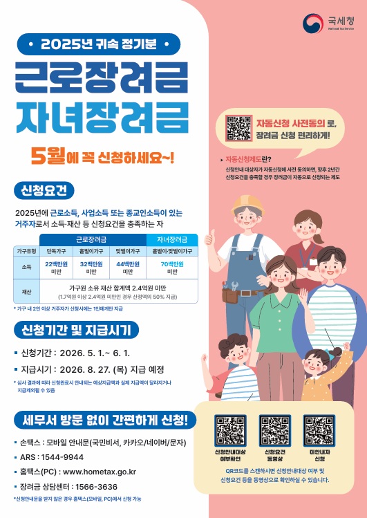 국세청, 2025년 귀속 근로·자녀장려금 정기 신청 안내