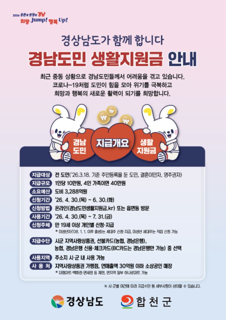 합천군, 경남도민 생활지원금 지급 준비 완료