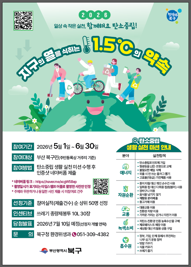 부산 북구, ‘지구의 열을 식히는 1.5℃의 약속’ 사업 추진