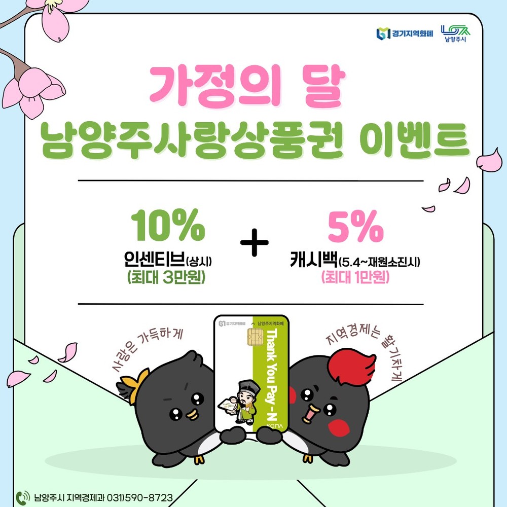 남양주시, 5월 가정의 달 ‘지역화폐 15% 혜택’…10% 인센티브 유지·5% 추가 캐시백