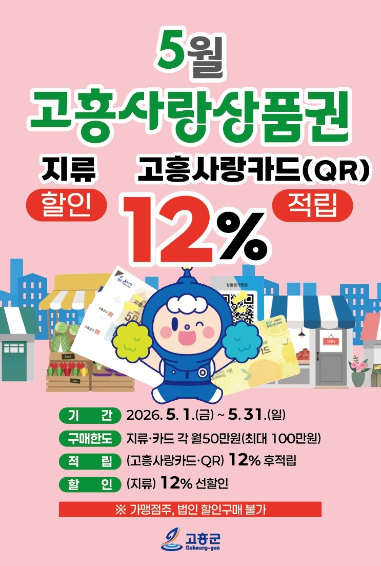 고흥군, 가정의 달 5월 ‘상생소비 함께 해요’ 고흥사랑상품권 12% 할인