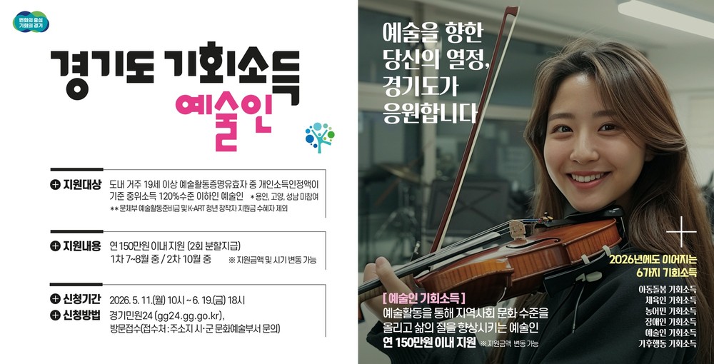 오산시, ‘경기도 예술인 기회소득’ 신청 접수…6월 19일까지