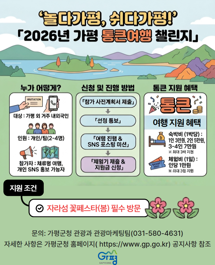 가평서 자고 놀면 숙박·체험비 통크게 쏜다