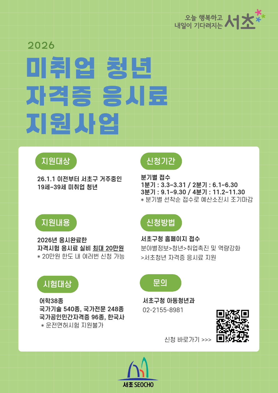 서초구, ‘2분기 미취업 청년 자격증 응시료 지원사업’ 시행