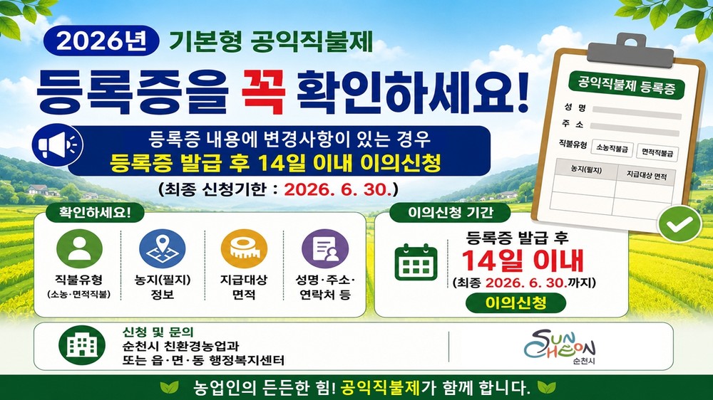 순천시, 기본형 공익직불제 등록증 1만5천233명에 발급