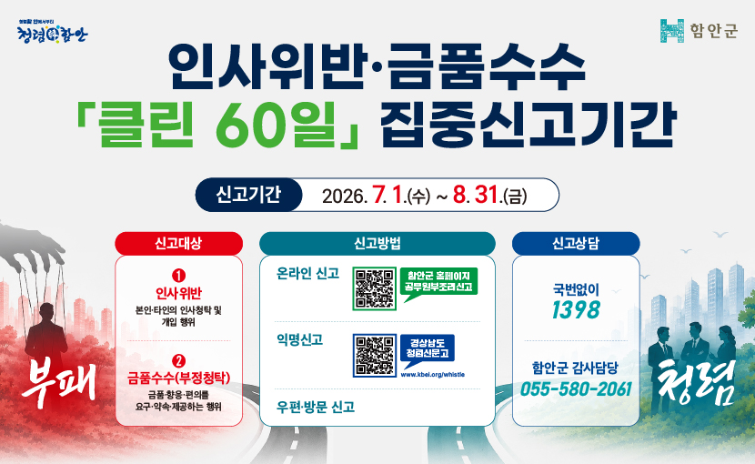 함안군, 인사위반·금품수수 ‘클린 60일’ 집중신고제 운영