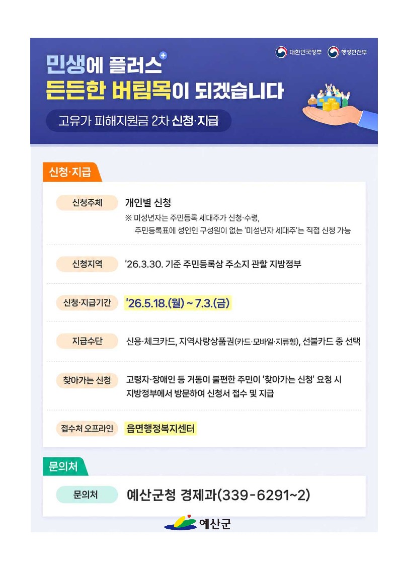 예산군, 고유가 피해지원금 7월 3일 신청 마감