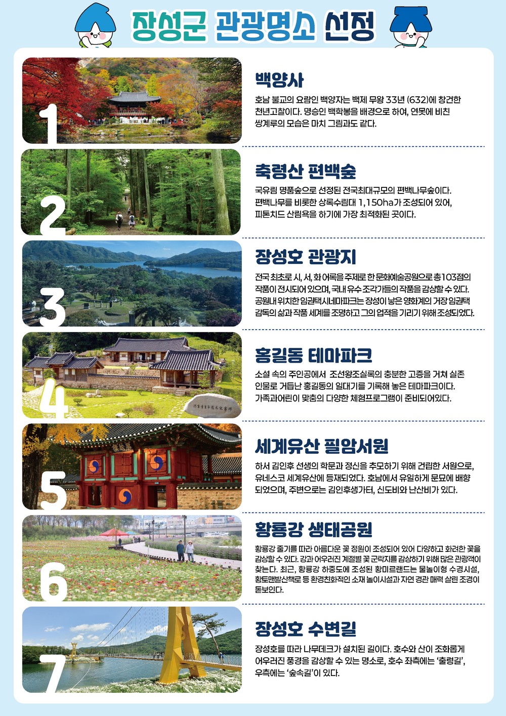 ‘1000만 관광도시’ 장성군, 대표 관광명소 7곳 선정